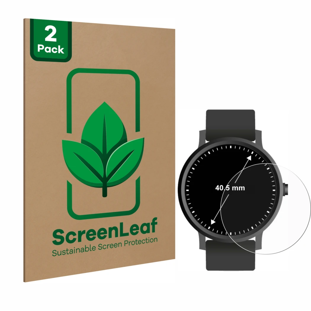Parte frontal de un envase de producto con el logotipo de la marca ScreenLeaf. Al lado se muestra el dispositivo Circular Disp