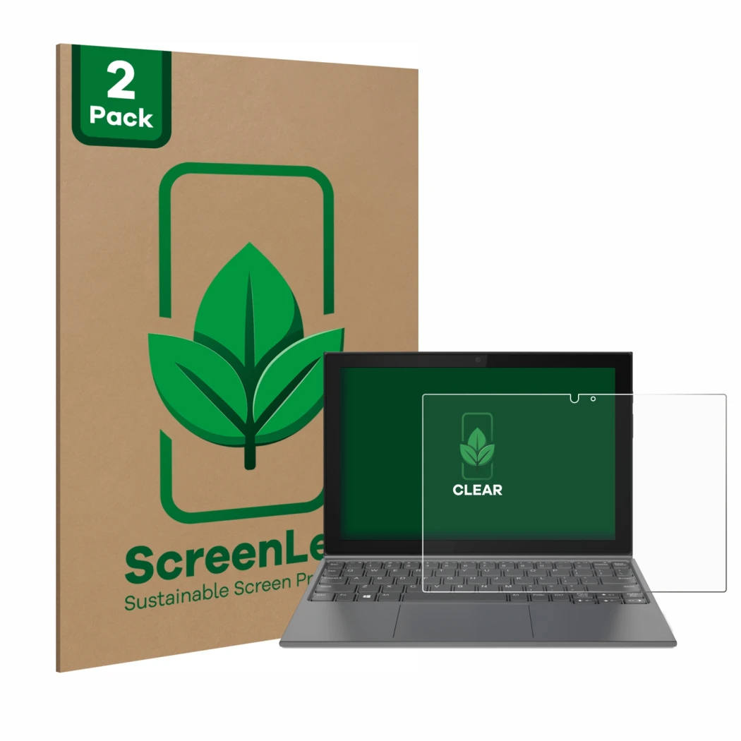 Parte frontal de un envase de producto con el logotipo de la marca ScreenLeaf. Al lado se muestra el dispositivo Lenovo IdeaPa