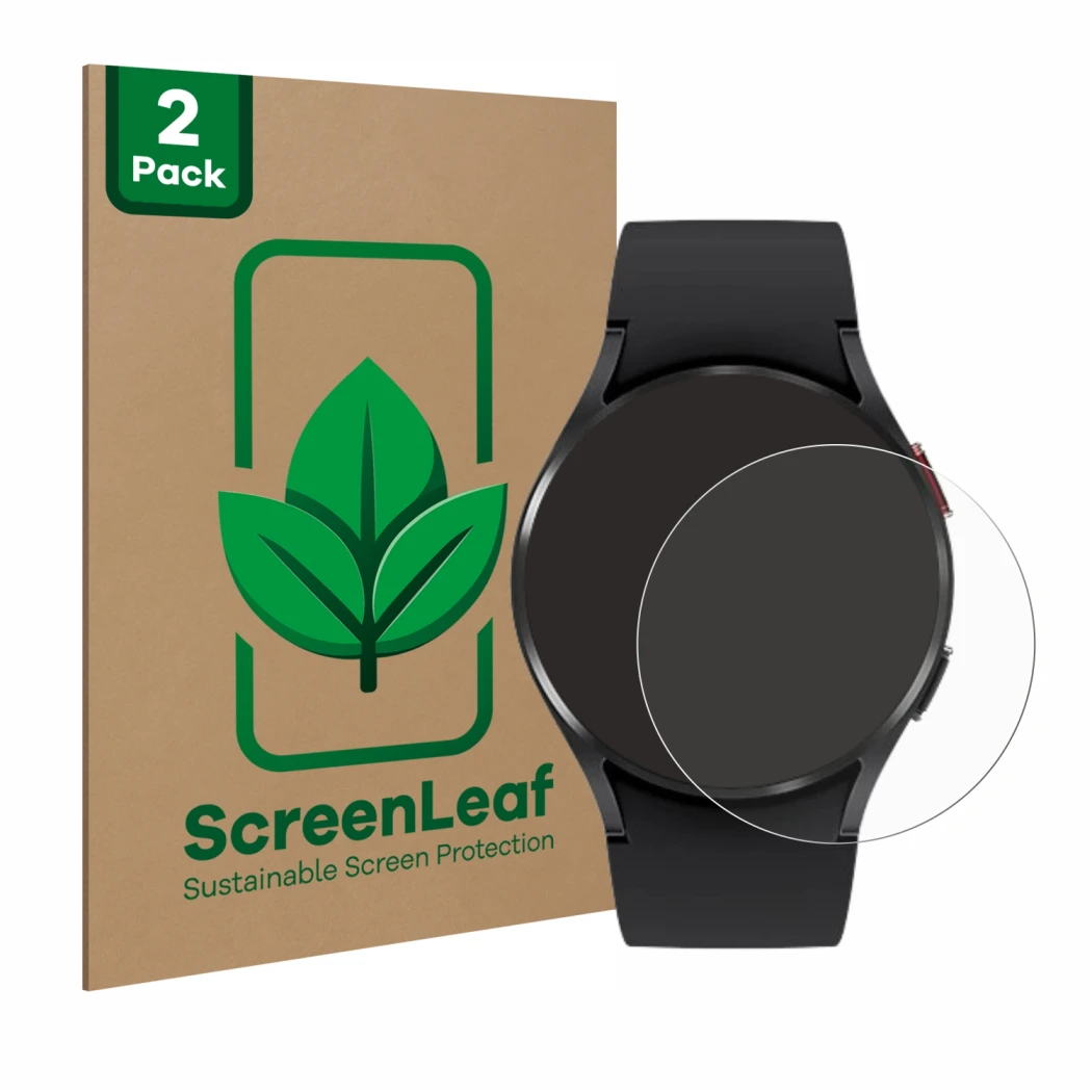 Parte frontal de un envase de producto con el logotipo de la marca ScreenLeaf. Al lado se muestra el dispositivo Samsung Galax