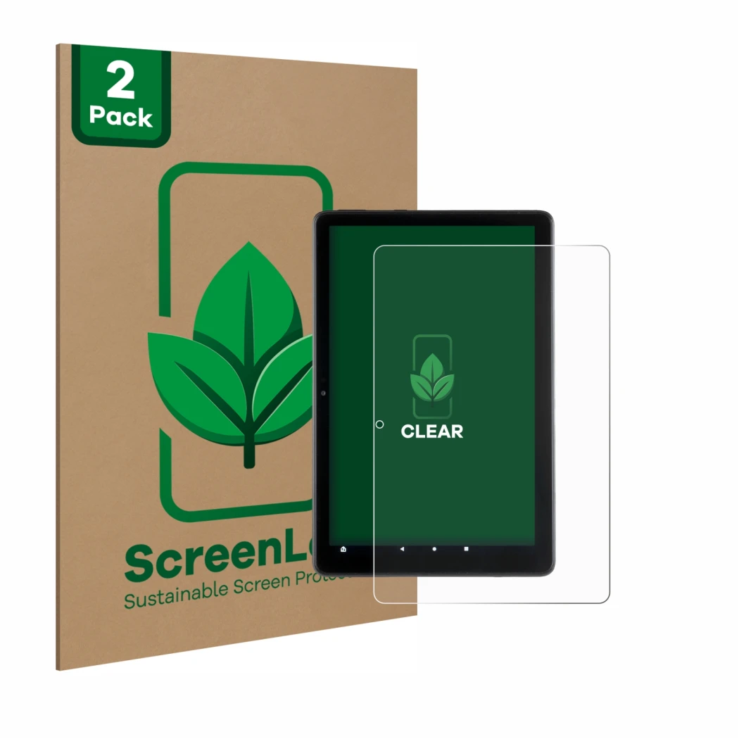 Parte frontal de un envase de producto con el logotipo de la marca ScreenLeaf. Al lado se muestra el dispositivo Amazon Fire H