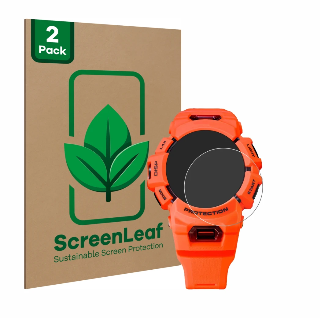 Parte frontal de un envase de producto con el logotipo de la marca ScreenLeaf. Al lado se muestra el dispositivo Casio G-Shock
