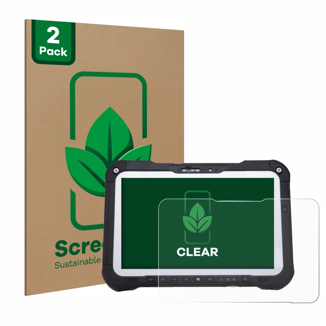 Parte frontal de un envase de producto con el logotipo de la marca ScreenLeaf. Al lado se muestra el dispositivo Panasonic Tou