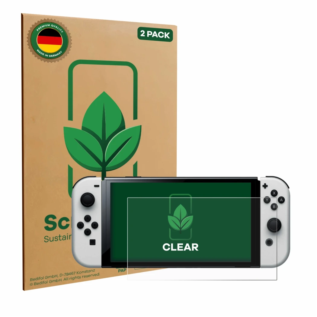 Parte frontal de un envase de producto con el logotipo de la marca ScreenLeaf. Al lado se muestra el dispositivo Nintendo Swit