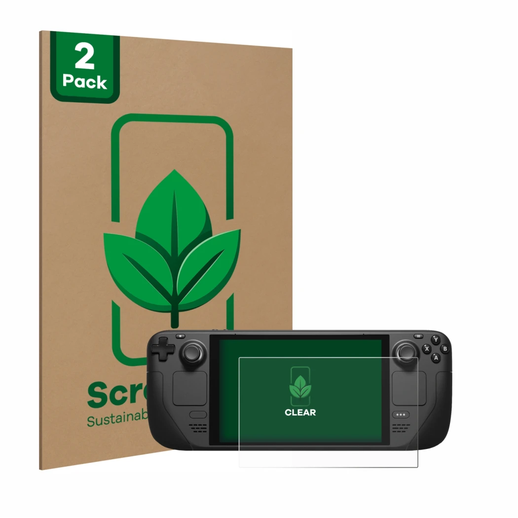 Parte frontal de un envase de producto con el logotipo de la marca ScreenLeaf. Al lado se muestra el dispositivo Valve Steam D