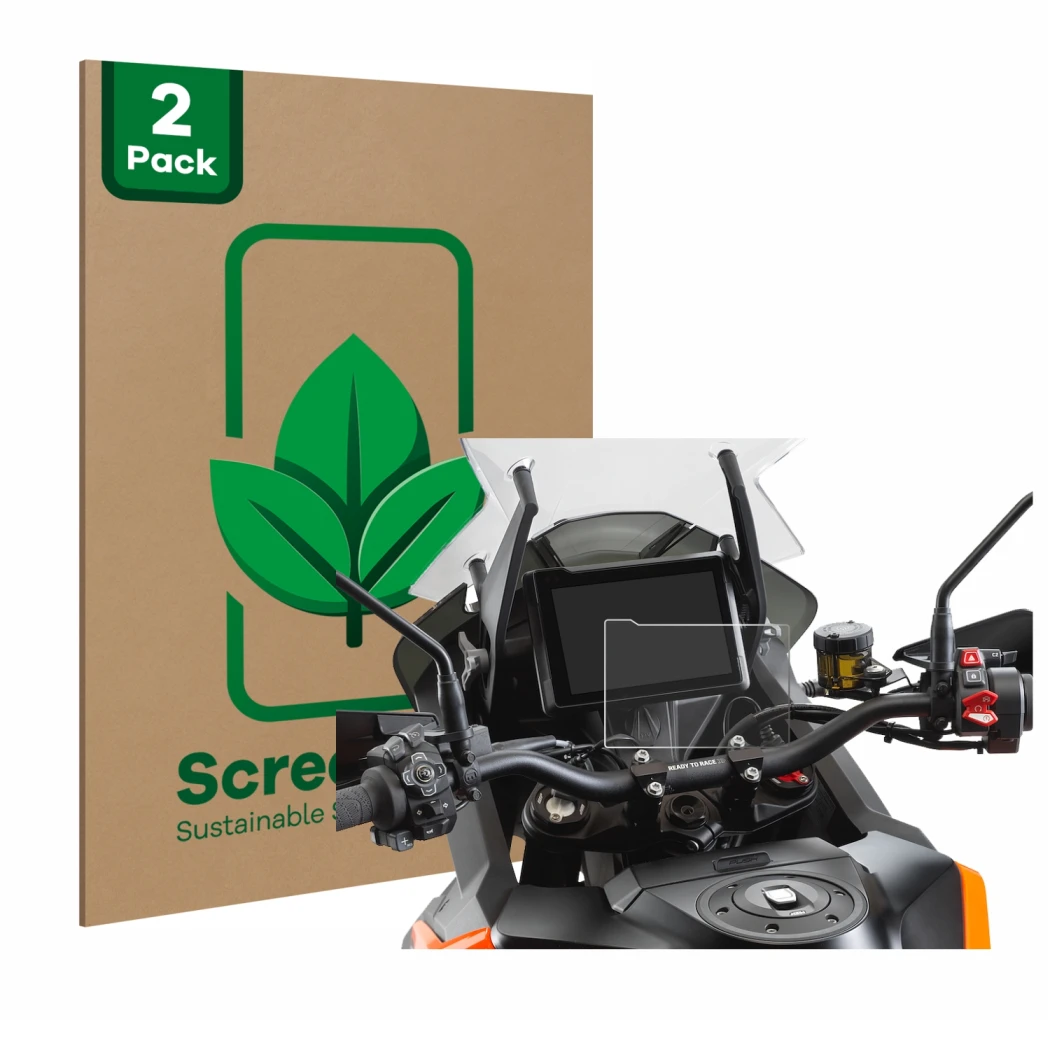 Parte frontal de un envase de producto con el logotipo de la marca ScreenLeaf. Al lado se muestra el dispositivo KTM 1290 Supe