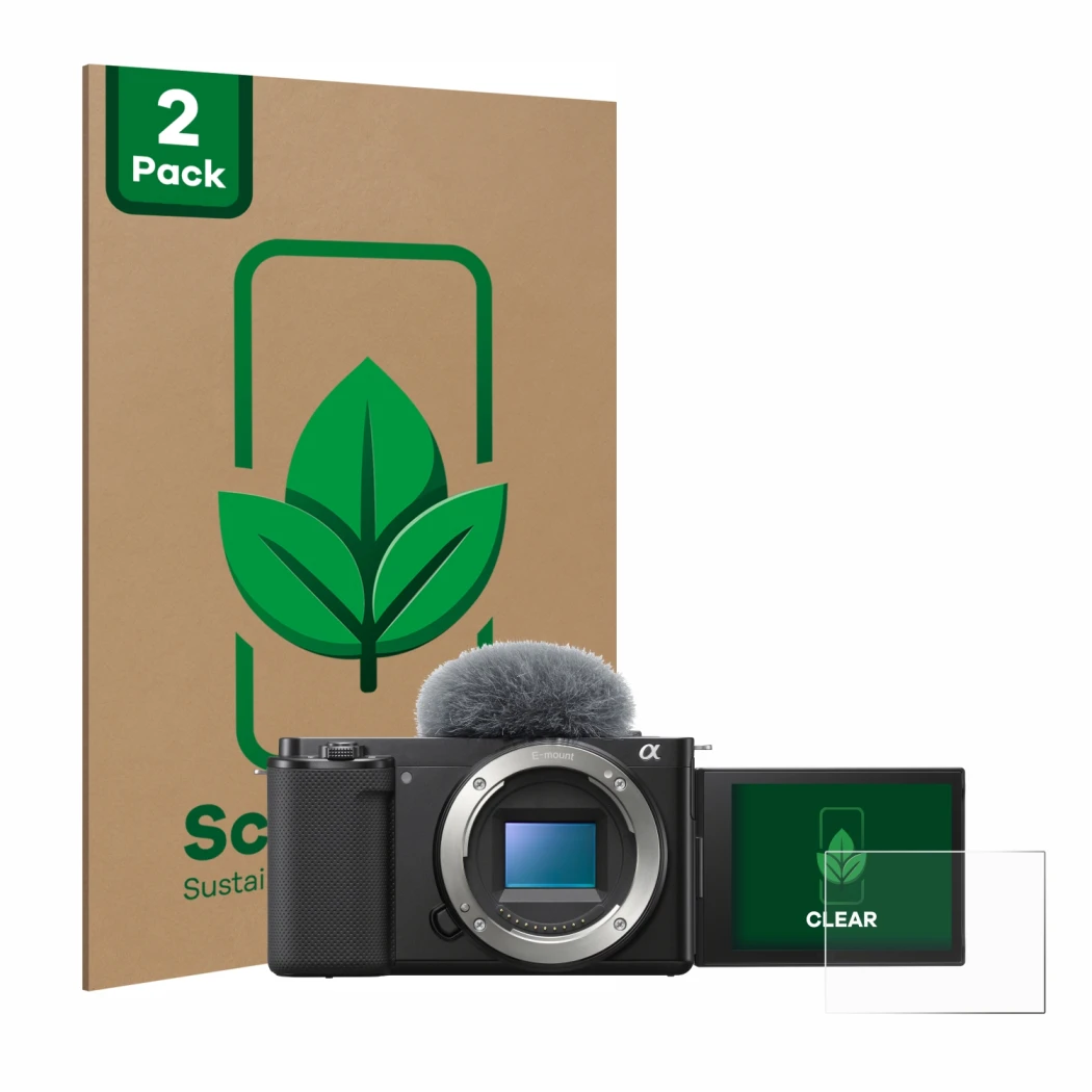 Parte frontal de un envase de producto con el logotipo de la marca ScreenLeaf. Al lado se muestra el dispositivo Sony Alpha ZV