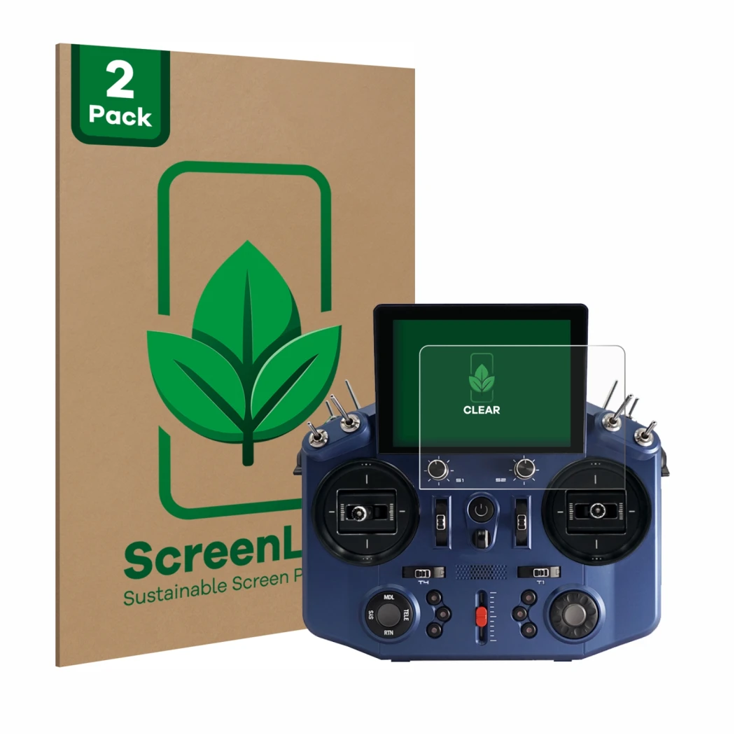 Parte frontal de un envase de producto con el logotipo de la marca ScreenLeaf. Al lado se muestra el dispositivo FrSky Tandem 
