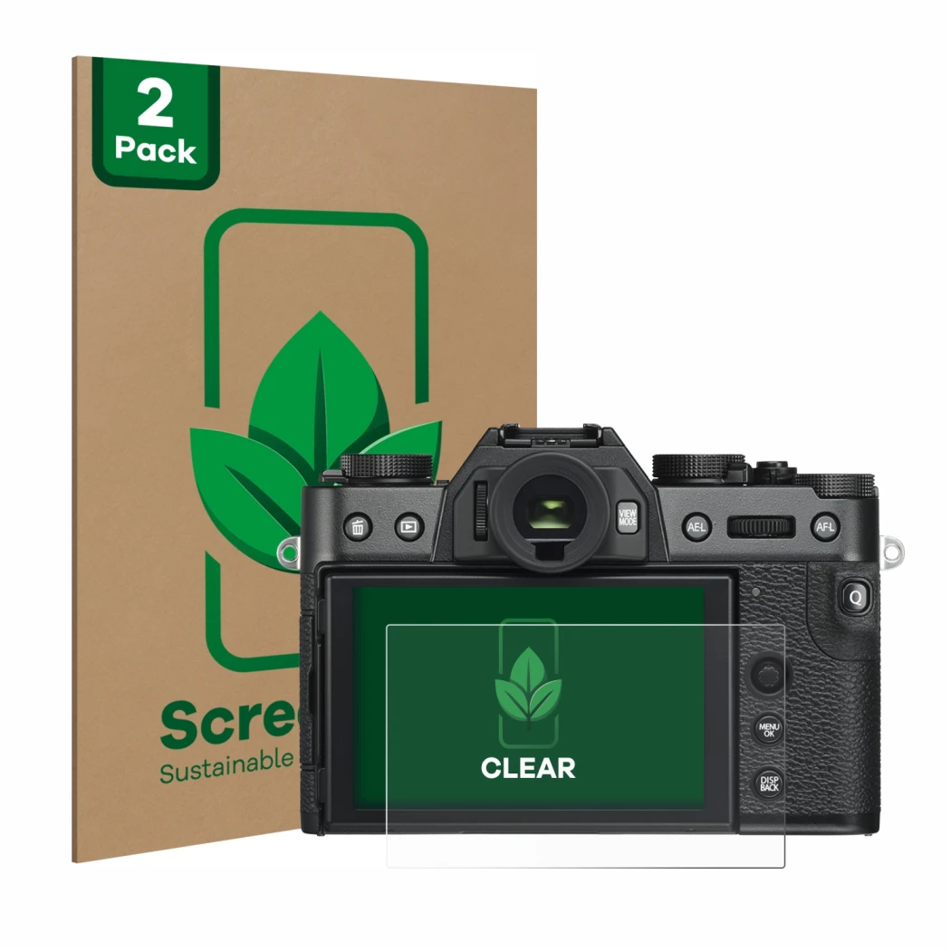 Parte frontal de un envase de producto con el logotipo de la marca ScreenLeaf. Al lado se muestra el dispositivo Fujifilm X-T3