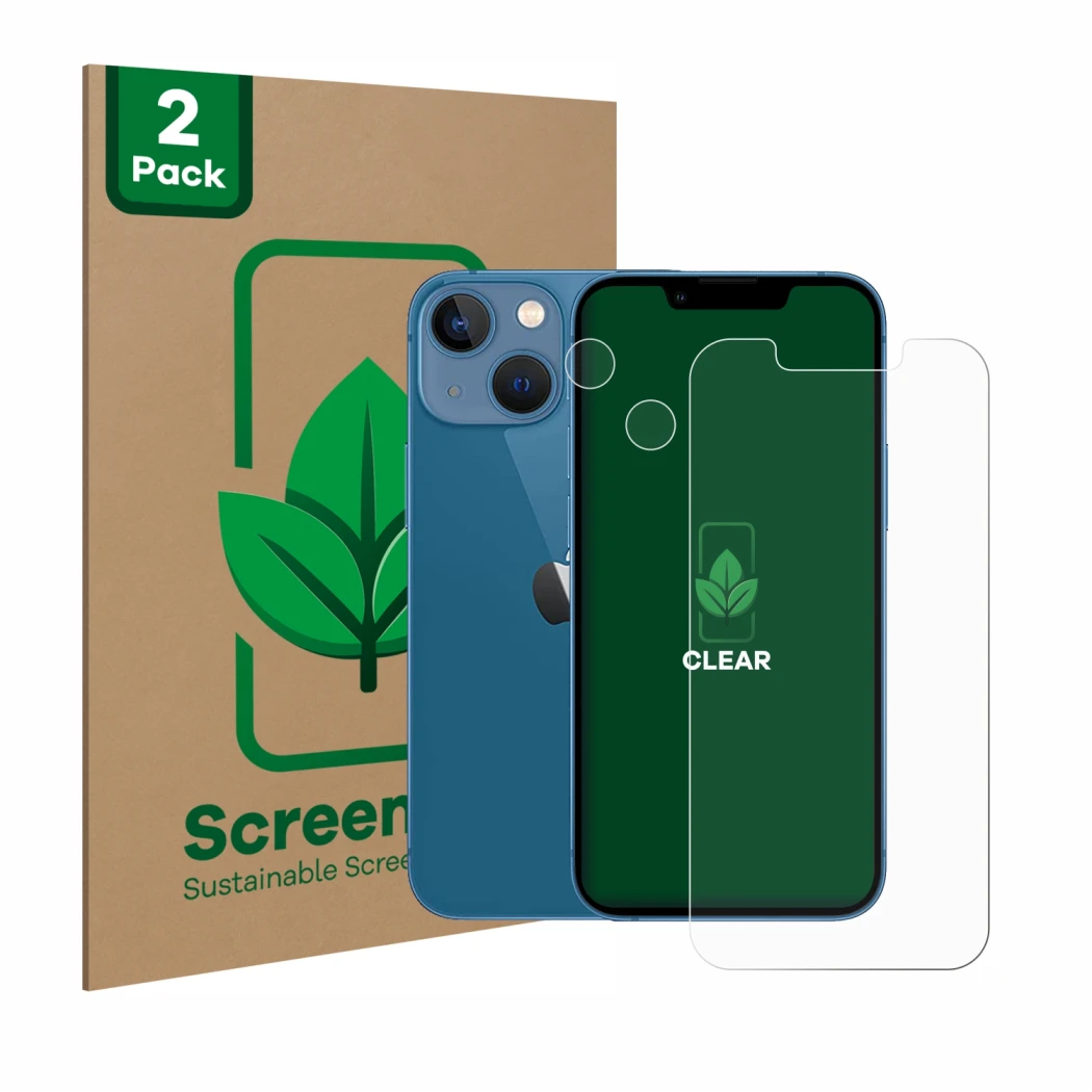 Parte frontal de un envase de producto con el logotipo de la marca ScreenLeaf. Al lado se muestra el dispositivo Apple iPhone 