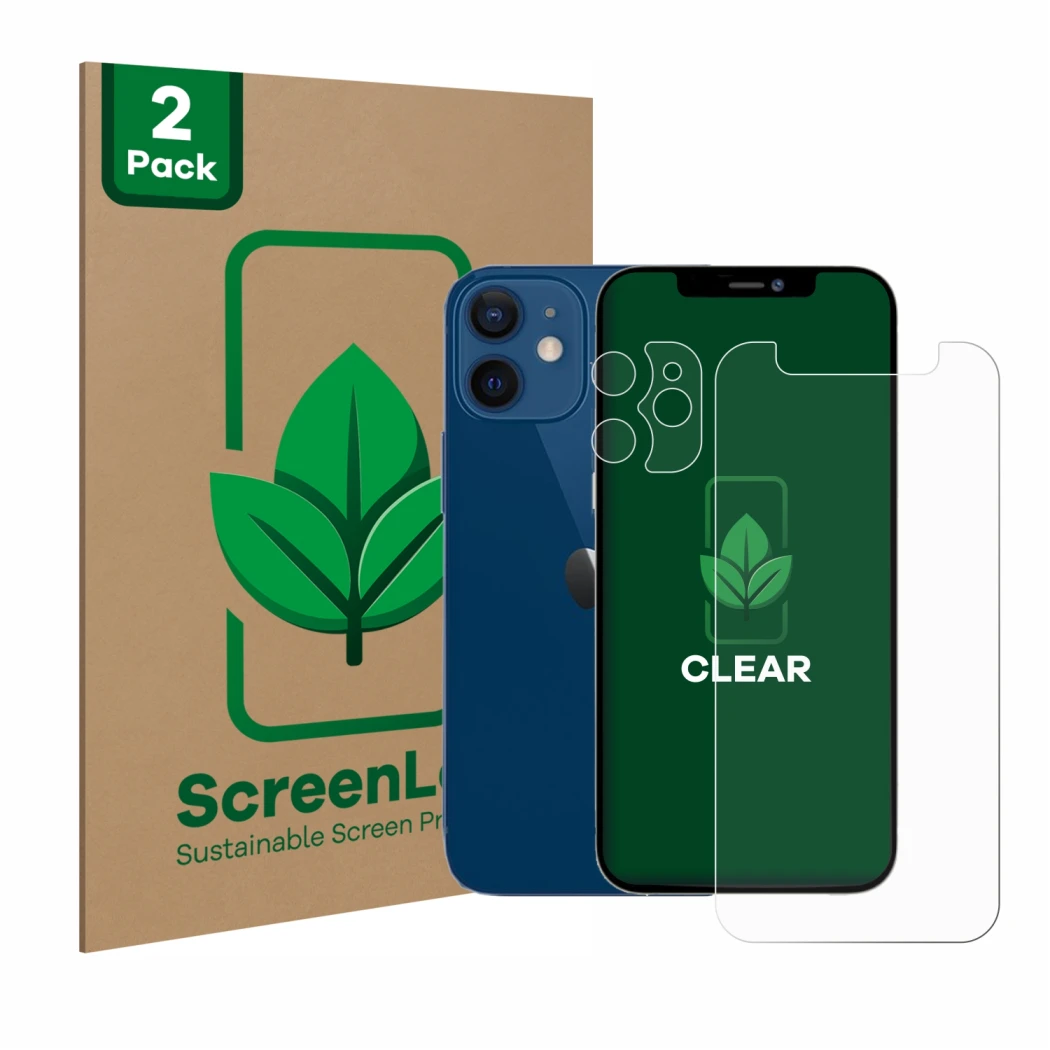 Parte frontal de un envase de producto con el logotipo de la marca ScreenLeaf. Al lado se muestra el dispositivo Apple iPhone 