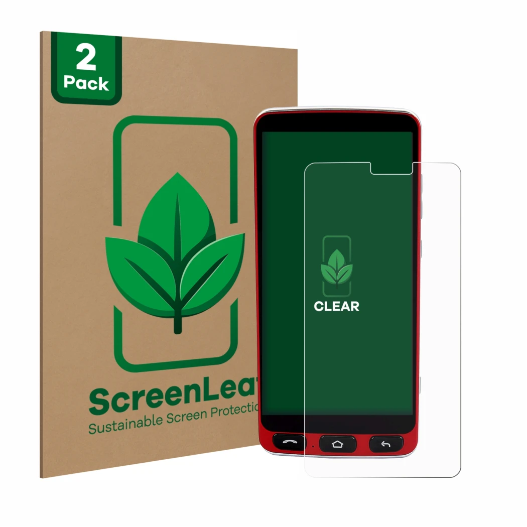 Parte frontal de un envase de producto con el logotipo de la marca ScreenLeaf. Al lado se muestra el dispositivo Olympia Neo S