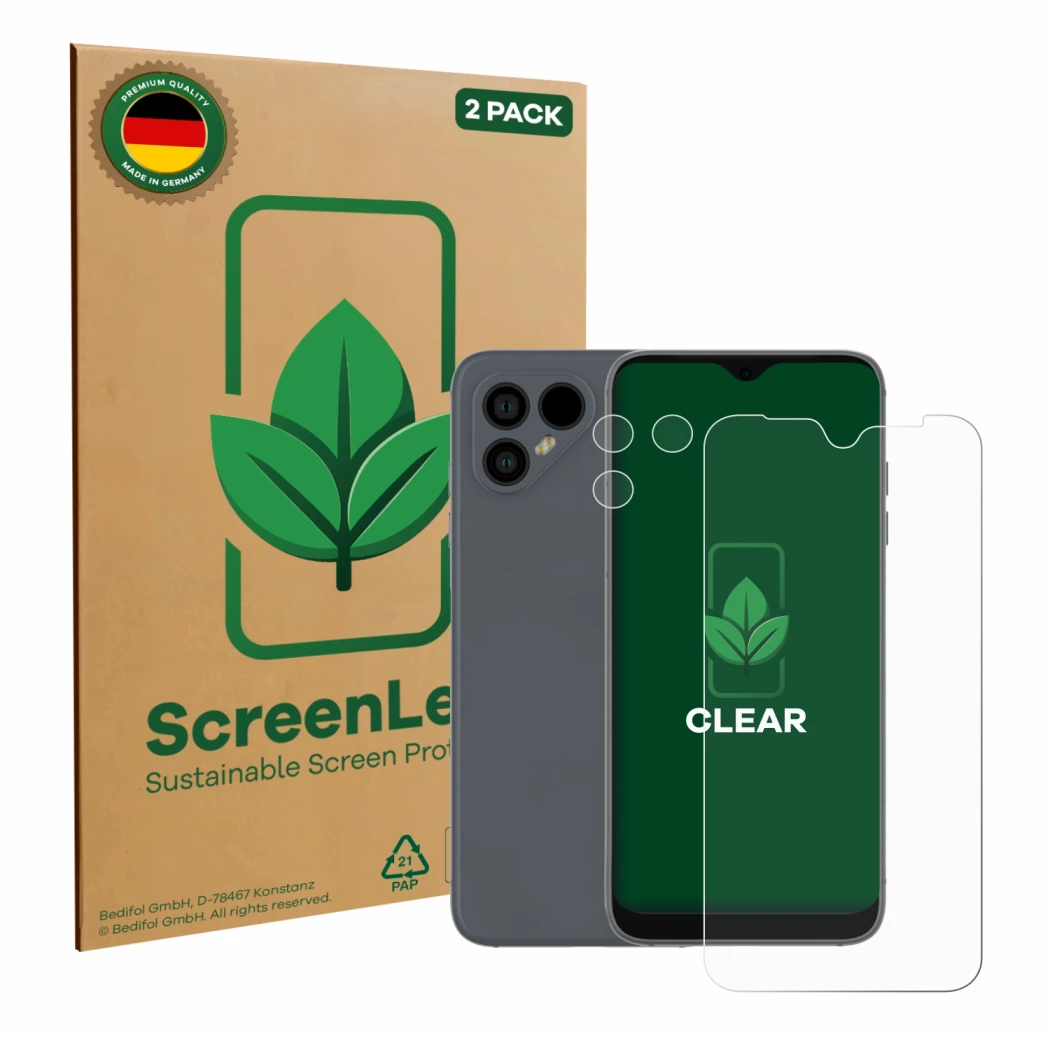 Parte frontal de un envase de producto con el logotipo de la marca ScreenLeaf. Al lado se muestra el dispositivo Fairphone 4 (