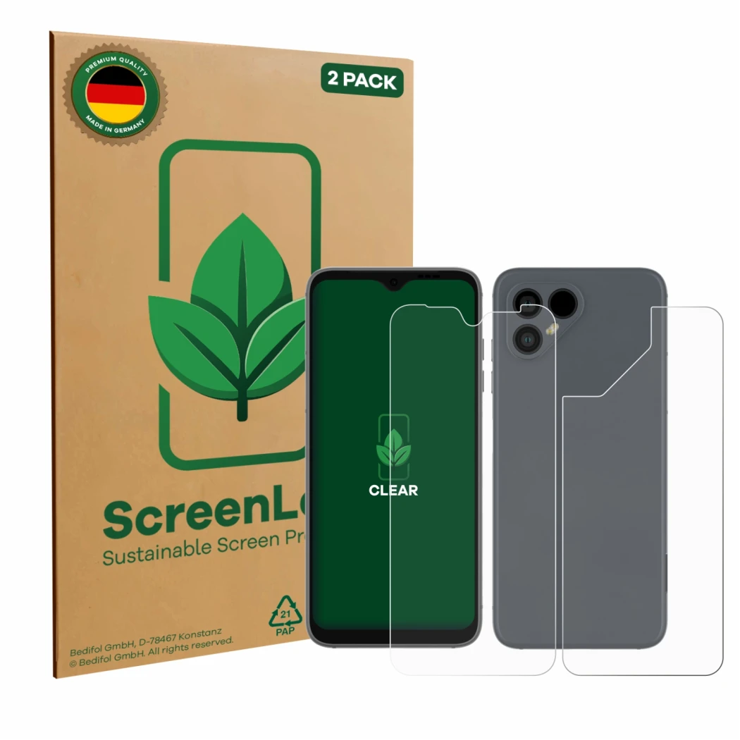 Parte frontal de un envase de producto con el logotipo de la marca ScreenLeaf. Al lado se muestra el dispositivo Fairphone 4 (