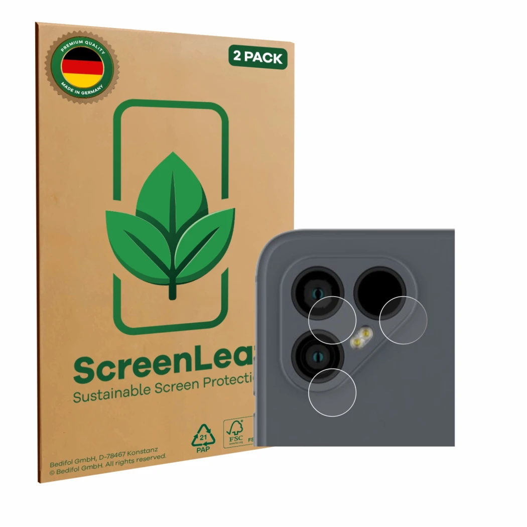 Parte frontal de un envase de producto con el logotipo de la marca ScreenLeaf. Al lado se muestra el dispositivo Fairphone 4 (