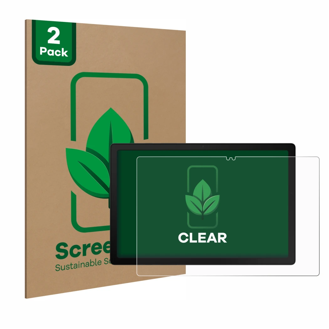 Parte frontal de un envase de producto con el logotipo de la marca ScreenLeaf. Al lado se muestra el dispositivo Samsung Galax