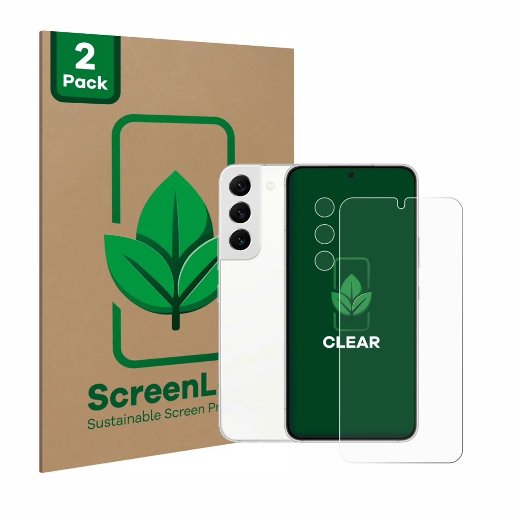 Parte frontal de un envase de producto con el logotipo de la marca ScreenLeaf. Al lado se muestra el dispositivo Samsung Galax