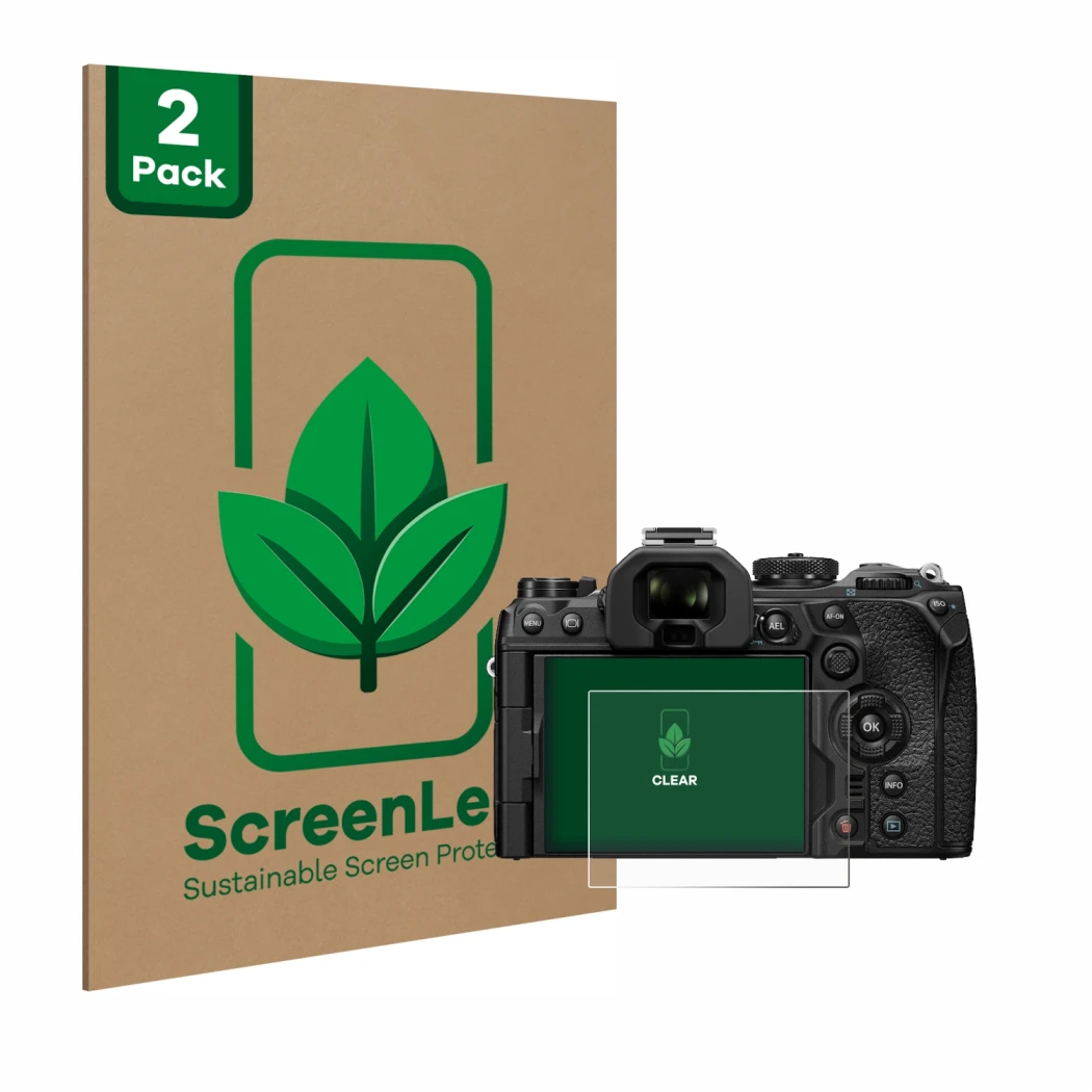 Parte frontal de un envase de producto con el logotipo de la marca ScreenLeaf. Al lado se muestra el dispositivo Olympus OM-1 