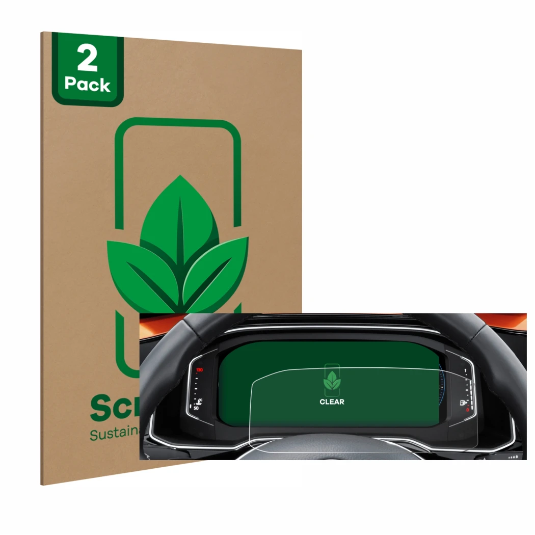 Parte frontal de un envase de producto con el logotipo de la marca ScreenLeaf. Al lado se muestra el dispositivo Volkswagen Po