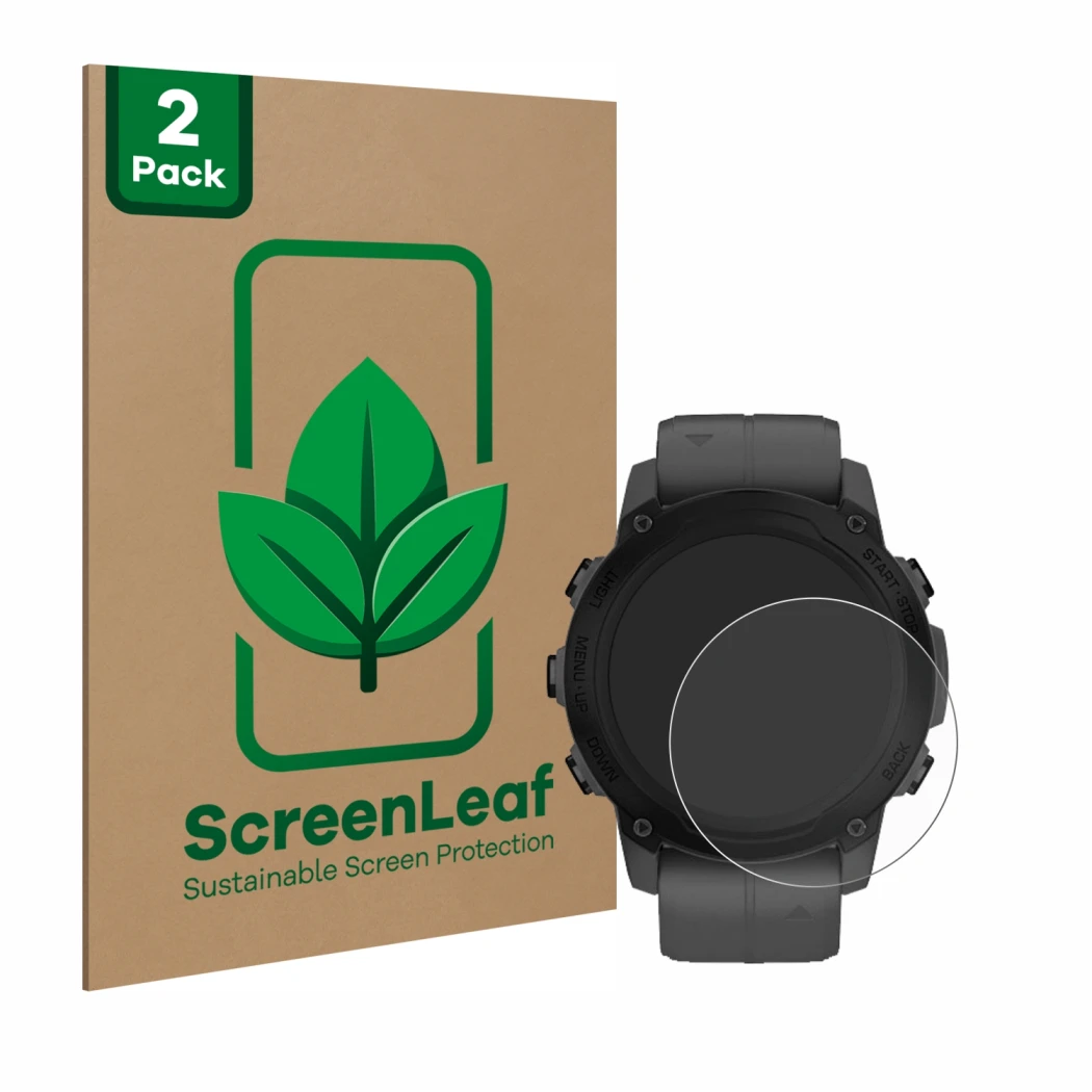 Parte frontal de un envase de producto con el logotipo de la marca ScreenLeaf. Al lado se muestra el dispositivo Garmin Descen