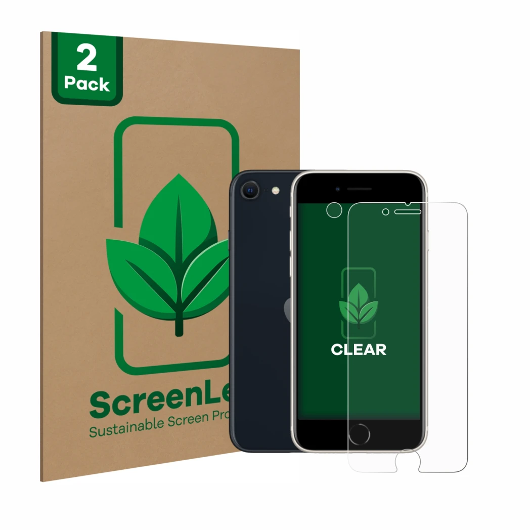 Parte frontal de un envase de producto con el logotipo de la marca ScreenLeaf. Al lado se muestra el dispositivo Apple iPhone 