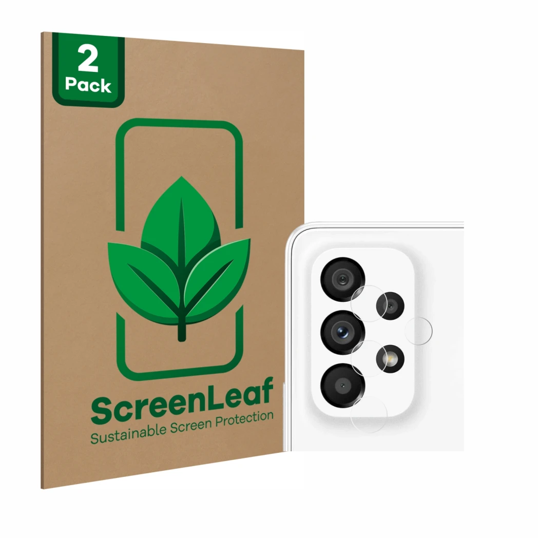 Parte frontal de un envase de producto con el logotipo de la marca ScreenLeaf. Al lado se muestra el dispositivo Samsung Galax