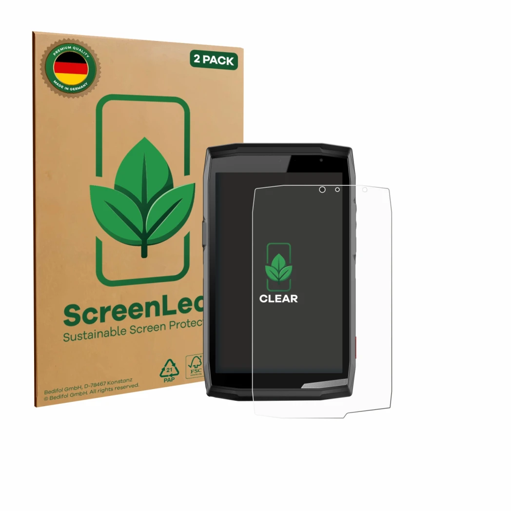 Parte frontal de un envase de producto con el logotipo de la marca ScreenLeaf. Al lado se muestra el dispositivo Crosscall Cor