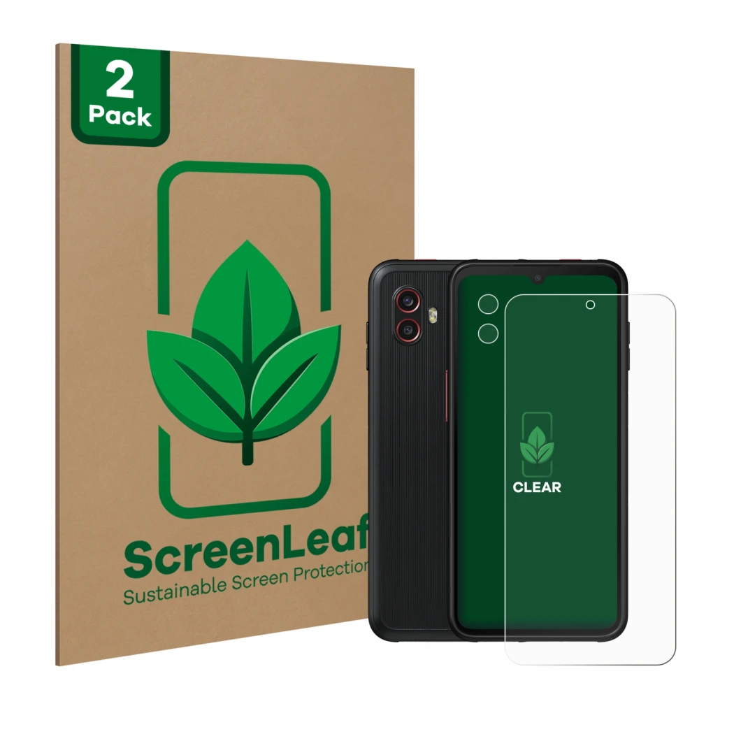 Parte frontal de un envase de producto con el logotipo de la marca ScreenLeaf. Al lado se muestra el dispositivo Samsung Galax