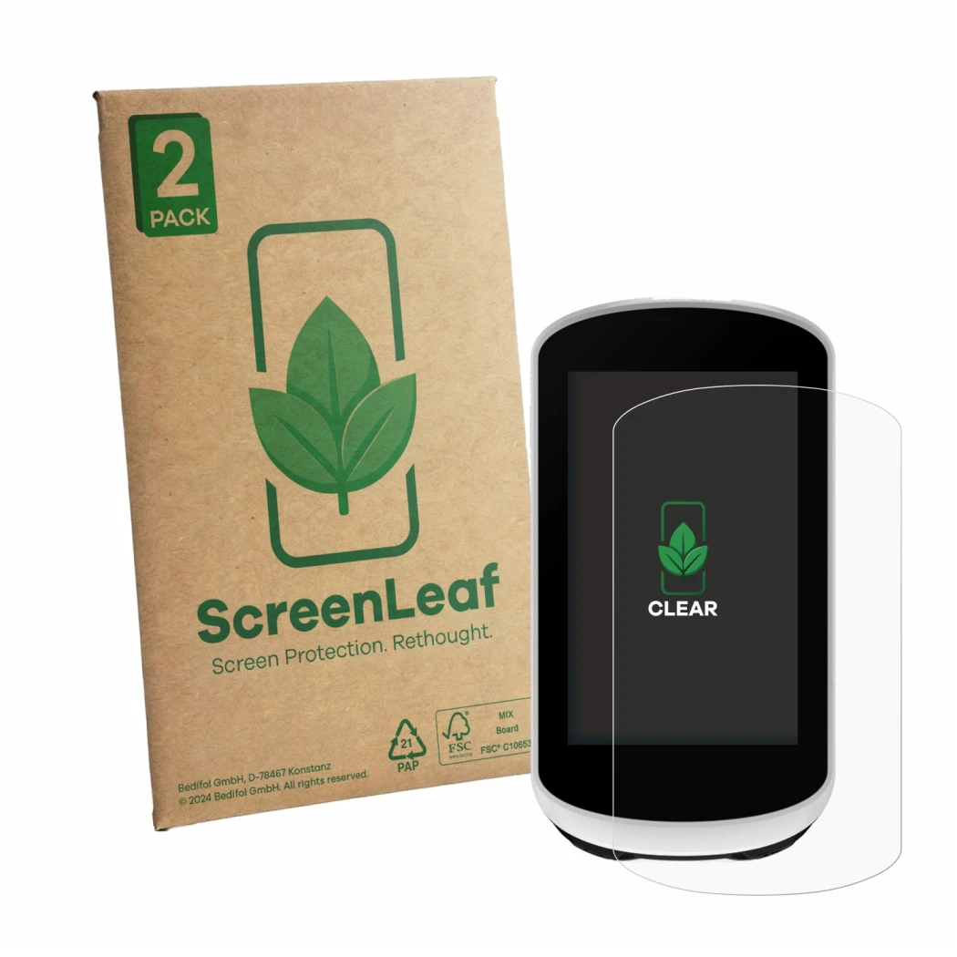 Parte frontal de un envase de producto con el logotipo de la marca ScreenLeaf. Al lado se muestra el dispositivo Garmin Edge E