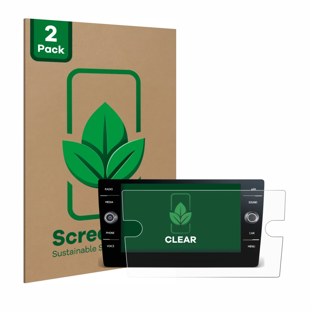 Parte frontal de un envase de producto con el logotipo de la marca ScreenLeaf. Al lado se muestra el dispositivo Volkswagen T-