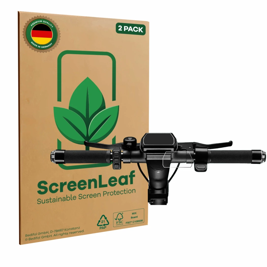 Parte frontal de un envase de producto con el logotipo de la marca ScreenLeaf. Al lado se muestra el dispositivo SoFlow SO4 Pr