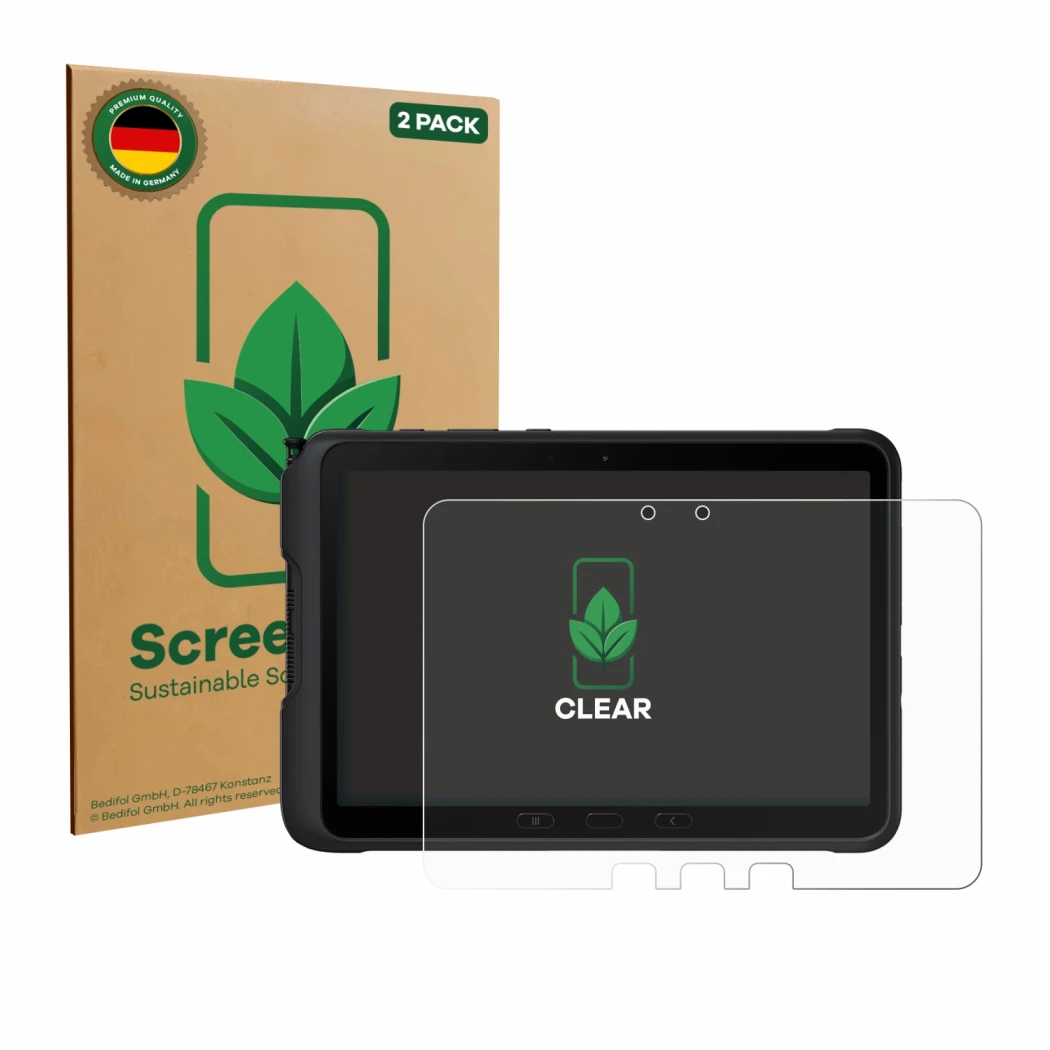 Parte frontal de un envase de producto con el logotipo de la marca ScreenLeaf. Al lado se muestra el dispositivo Samsung Galax