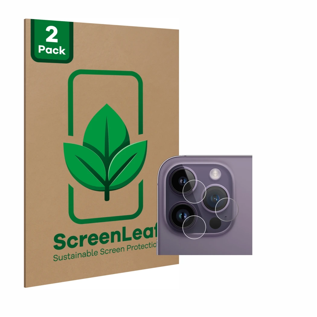 Parte frontal de un envase de producto con el logotipo de la marca ScreenLeaf. Al lado se muestra el dispositivo Apple iPhone 