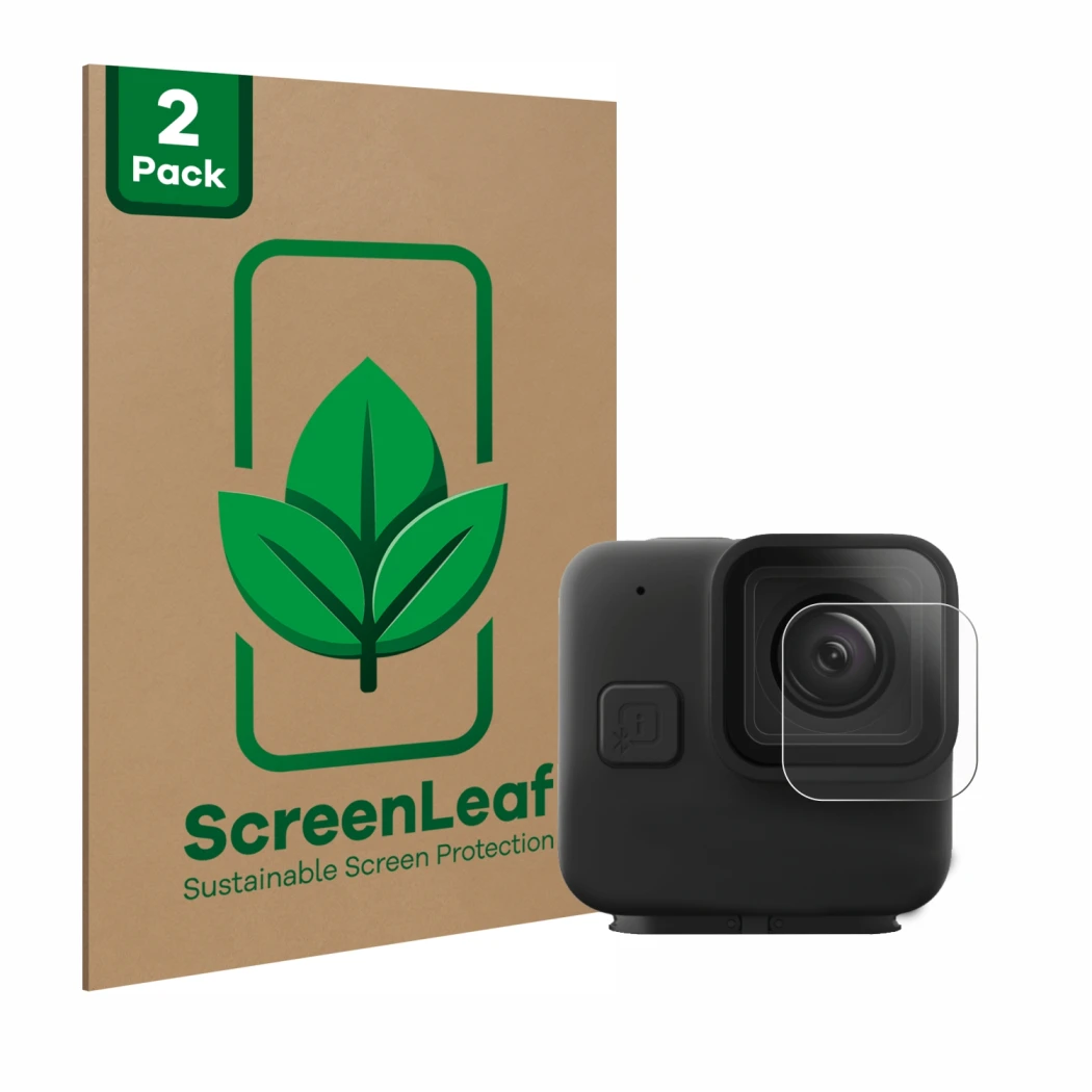 Parte frontal de un envase de producto con el logotipo de la marca ScreenLeaf. Al lado se muestra el dispositivo GoPro Hero 11
