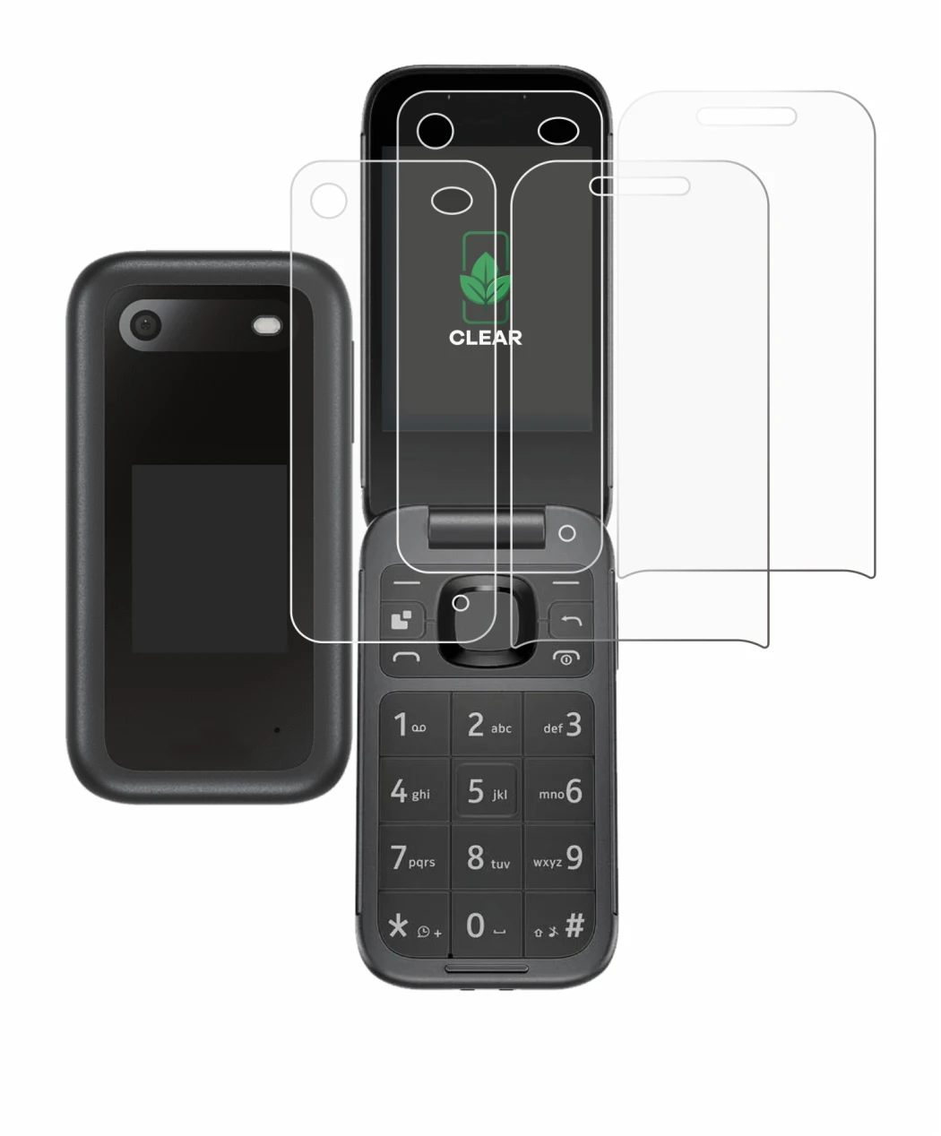 Imagen del dispositivo Nokia 2660 Flip (Frontal+Trasero) con una amplia variedad de protectores de pantalla.