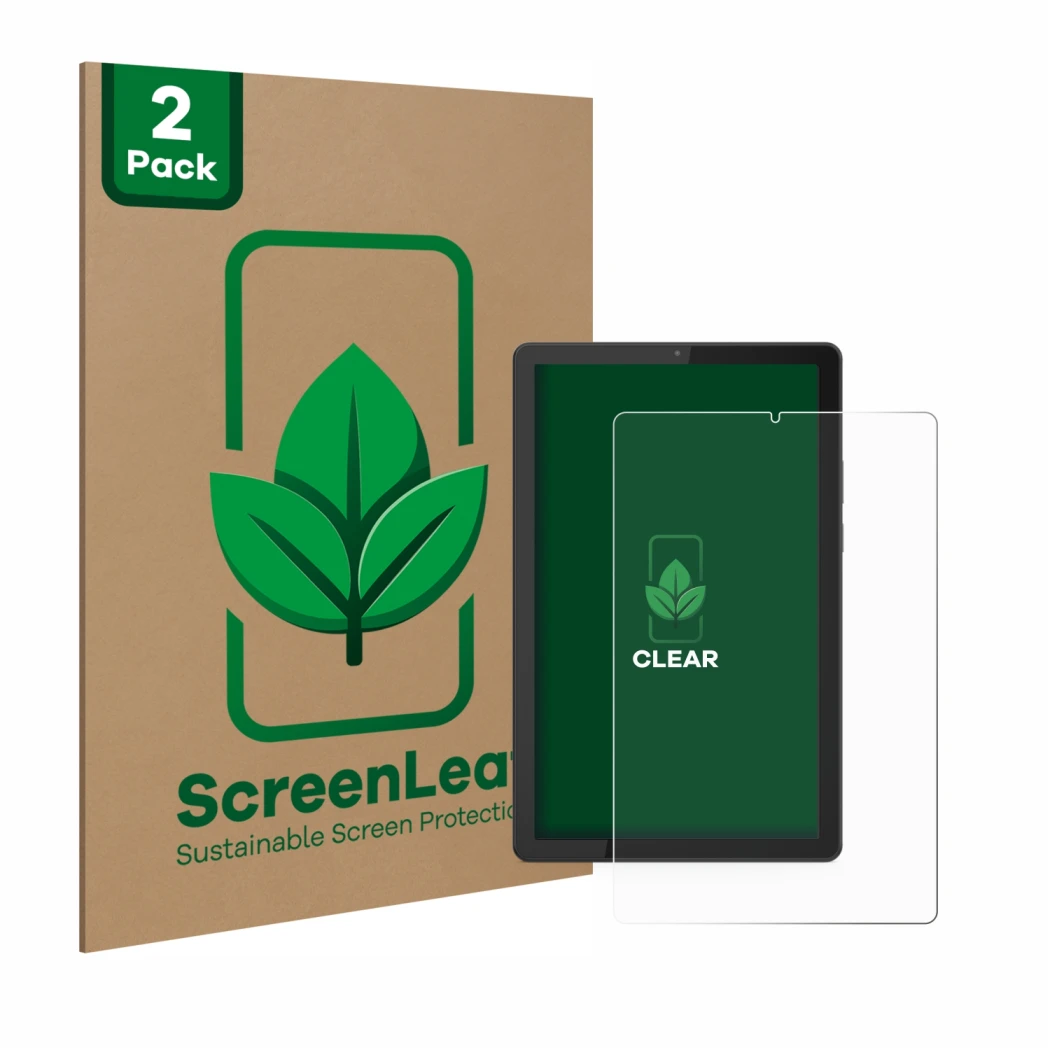 Parte frontal de un envase de producto con el logotipo de la marca ScreenLeaf. Al lado se muestra el dispositivo Lenovo Tab M9