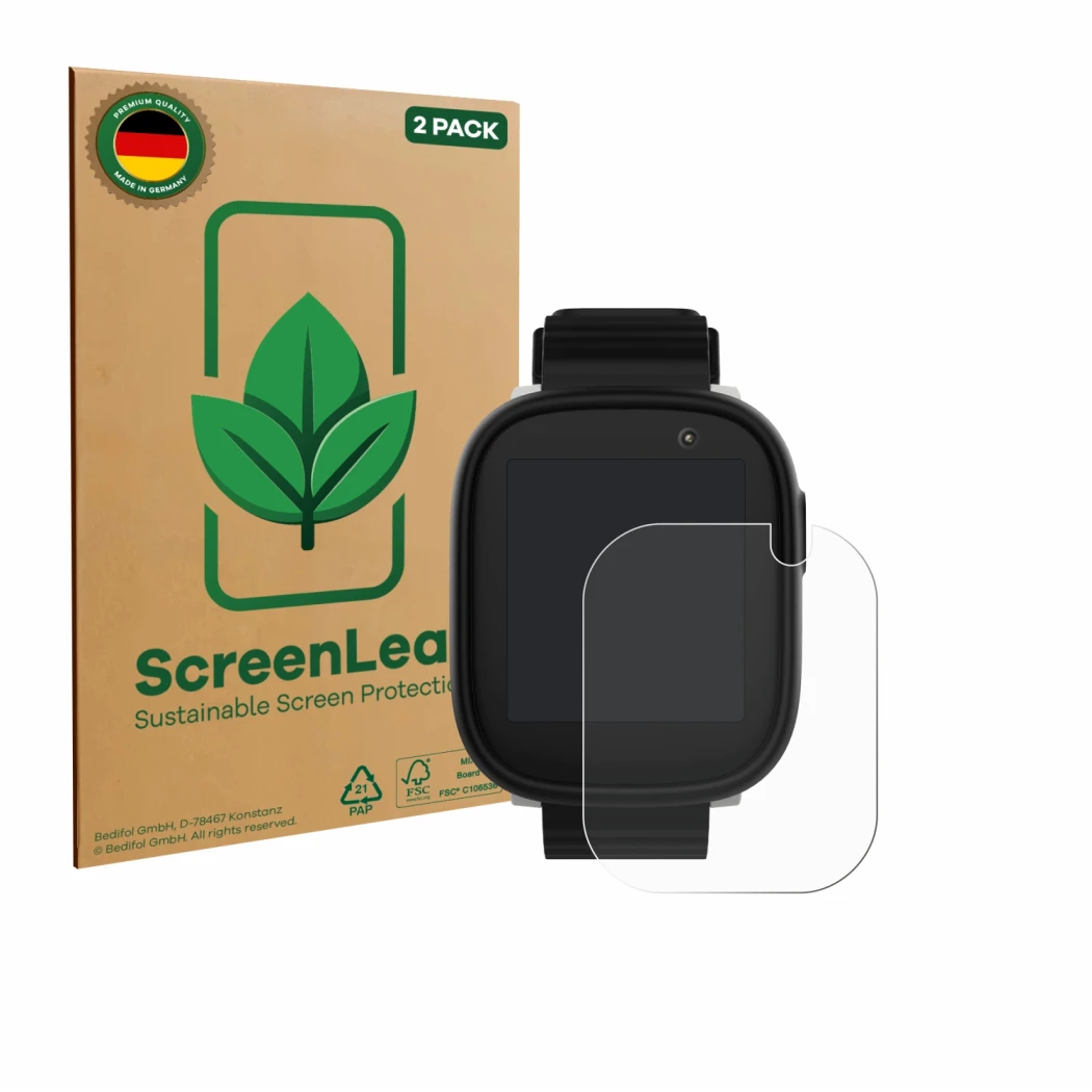 Parte frontal de un envase de producto con el logotipo de la marca ScreenLeaf. Al lado se muestra el dispositivo Xplora X6 Pla