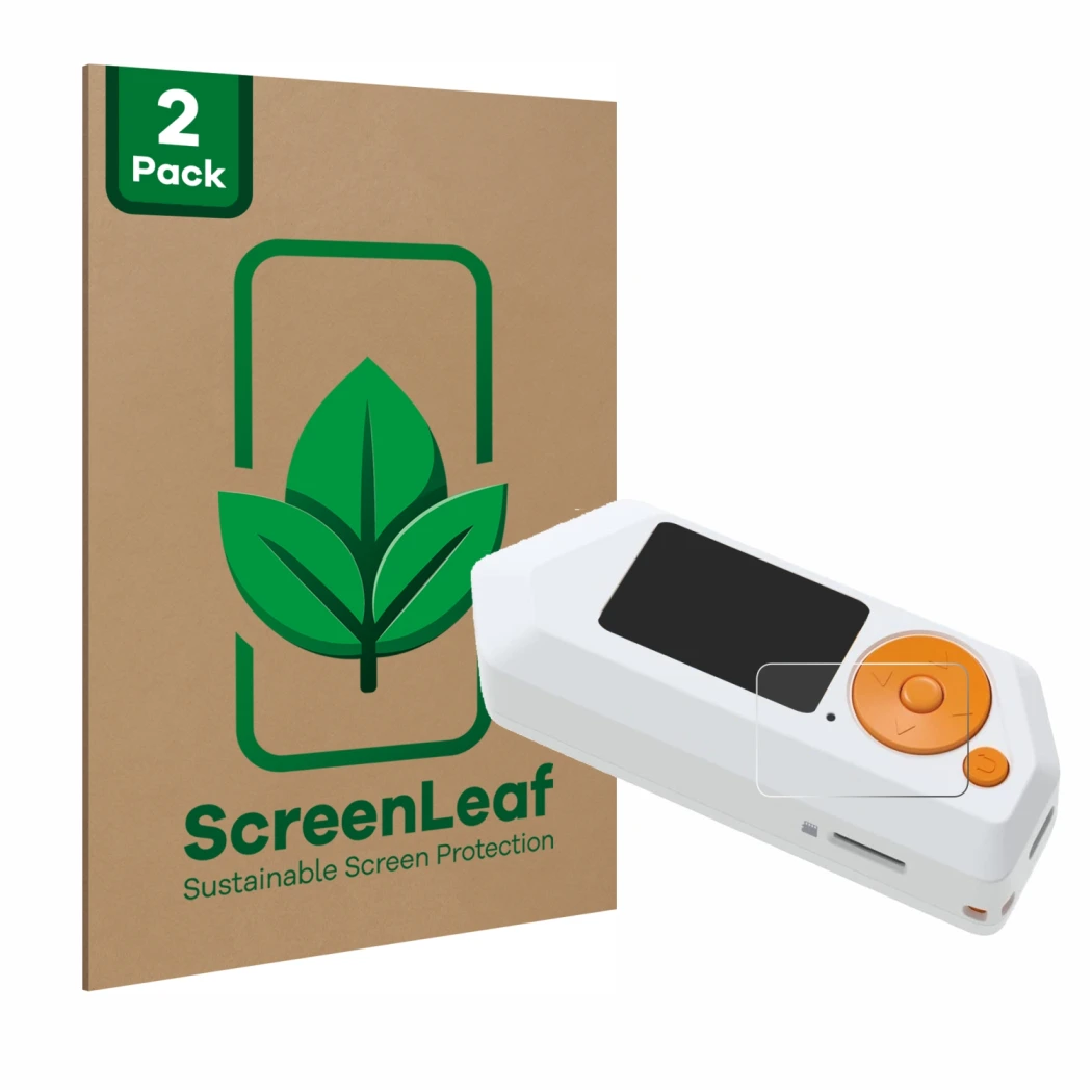 Parte frontal de un envase de producto con el logotipo de la marca ScreenLeaf. Al lado se muestra el dispositivo Flipper Zero 