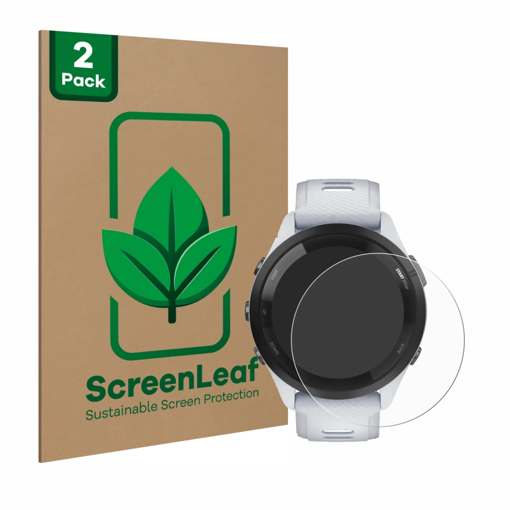 Parte frontal de un envase de producto con el logotipo de la marca ScreenLeaf. Al lado se muestra el dispositivo Garmin Foreru
