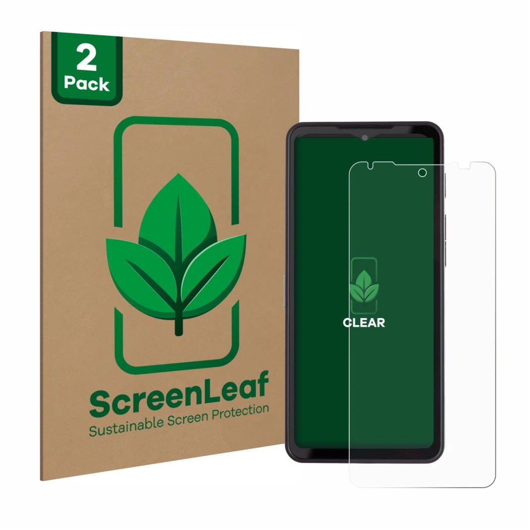 Parte frontal de un envase de producto con el logotipo de la marca ScreenLeaf. Al lado se muestra el dispositivo Caterpillar C