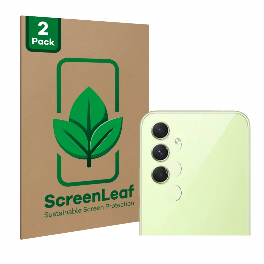 Parte frontal de un envase de producto con el logotipo de la marca ScreenLeaf. Al lado se muestra el dispositivo Samsung Galax