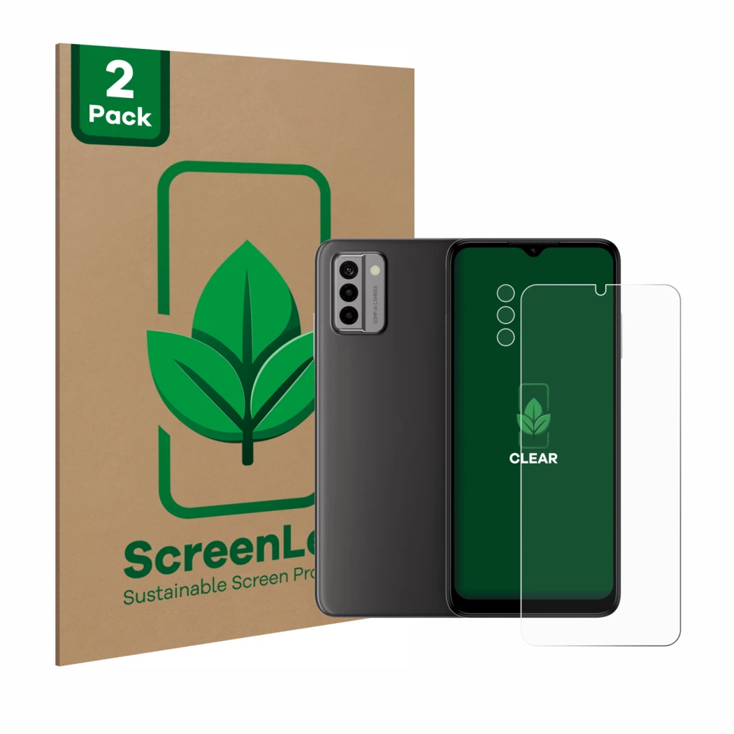 Parte frontal de un envase de producto con el logotipo de la marca ScreenLeaf. Al lado se muestra el dispositivo Nokia G22 (Fr