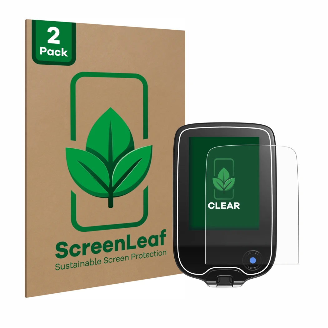 Parte frontal de un envase de producto con el logotipo de la marca ScreenLeaf. Al lado se muestra el dispositivo Freestyle Lib