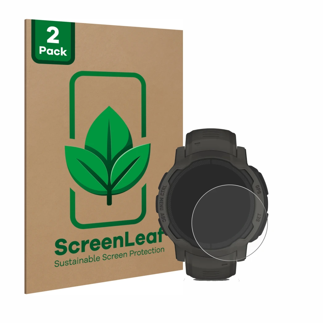 Parte frontal de un envase de producto con el logotipo de la marca ScreenLeaf. Al lado se muestra el dispositivo Garmin Instin