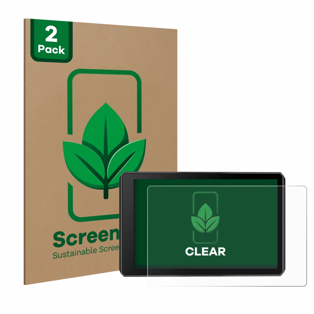 Parte frontal de un envase de producto con el logotipo de la marca ScreenLeaf. Al lado se muestra el dispositivo Garmin zumo X