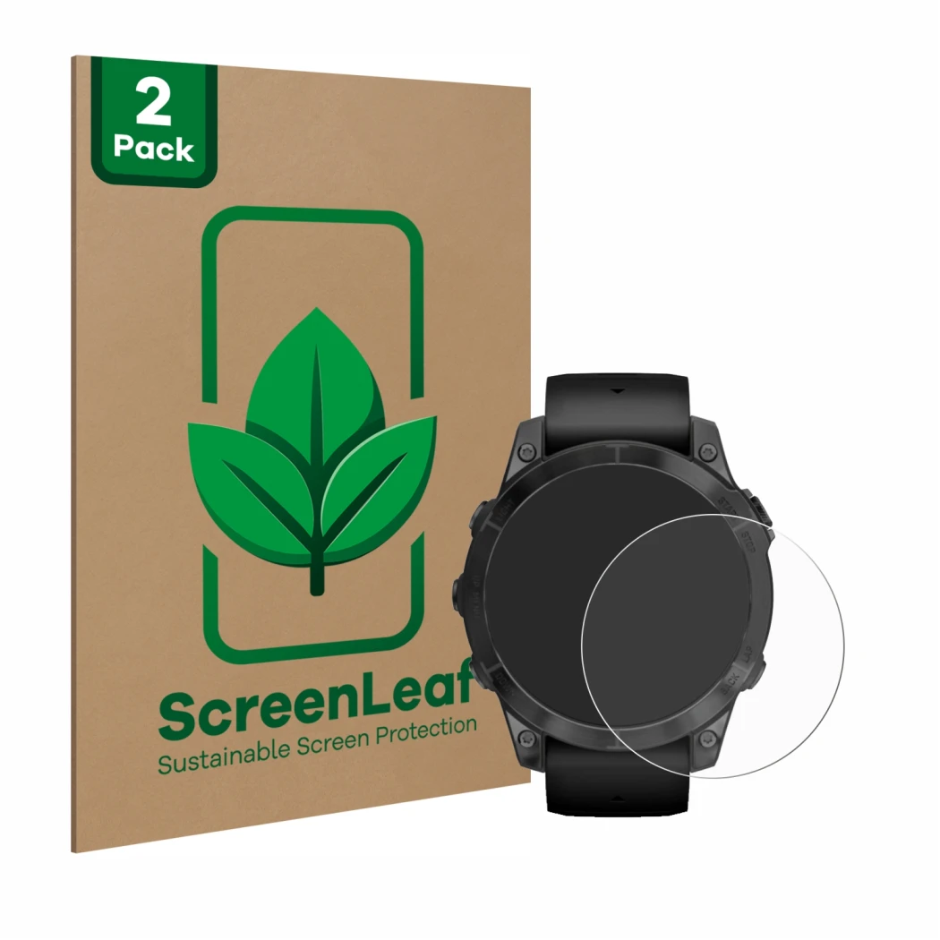 Parte frontal de un envase de producto con el logotipo de la marca ScreenLeaf. Al lado se muestra el dispositivo Garmin Epix P