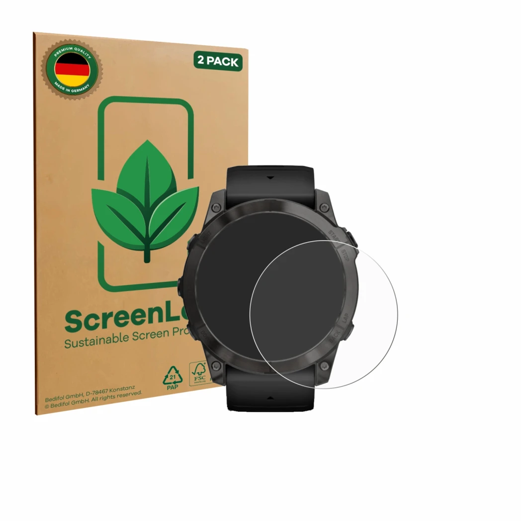 Parte frontal de un envase de producto con el logotipo de la marca ScreenLeaf. Al lado se muestra el dispositivo Garmin Epix P
