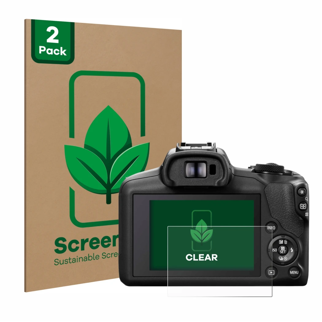 Parte frontal de un envase de producto con el logotipo de la marca ScreenLeaf. Al lado se muestra el dispositivo Canon EOS R10