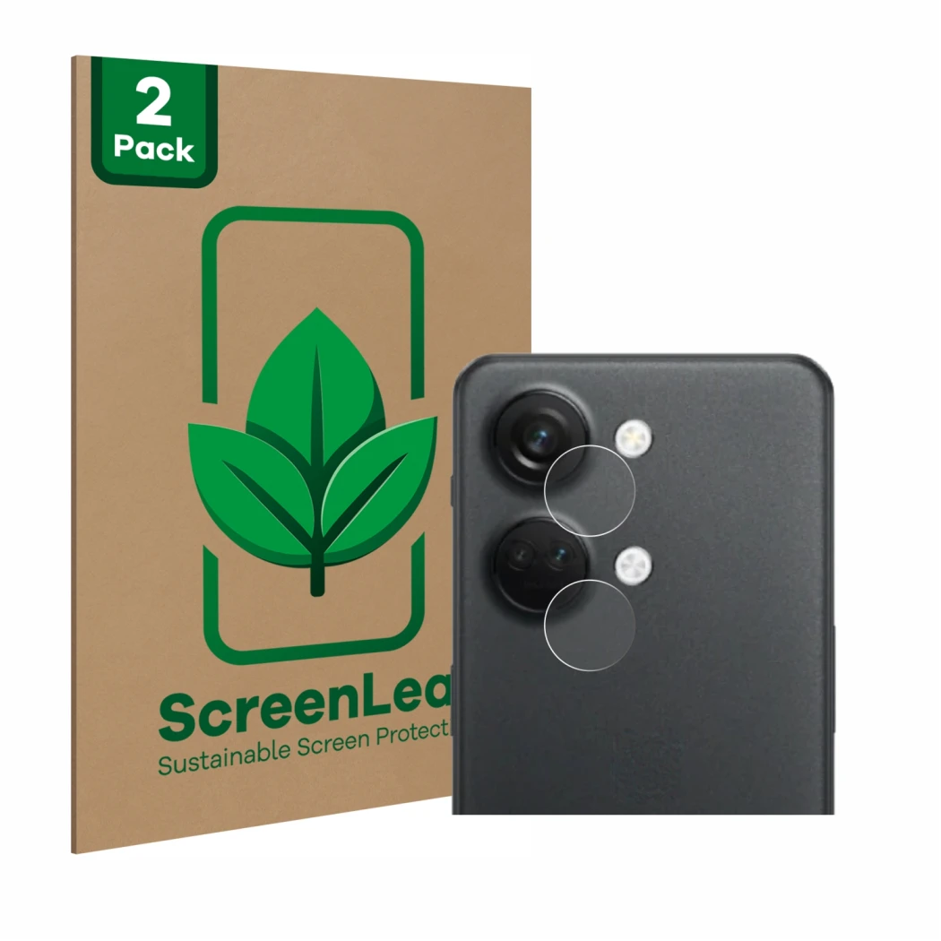 Parte frontal de un envase de producto con el logotipo de la marca ScreenLeaf. Al lado se muestra el dispositivo OnePlus Nord 