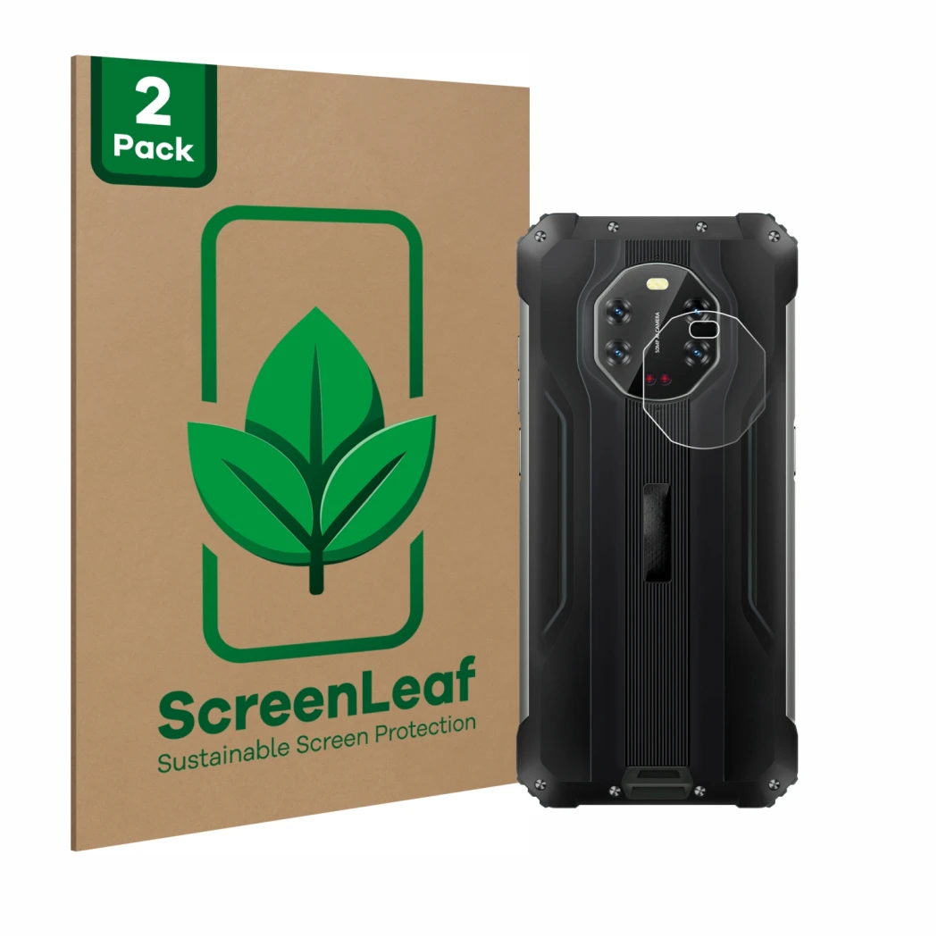 Parte frontal de un envase de producto con el logotipo de la marca ScreenLeaf. Al lado se muestra el dispositivo Blackview BL8