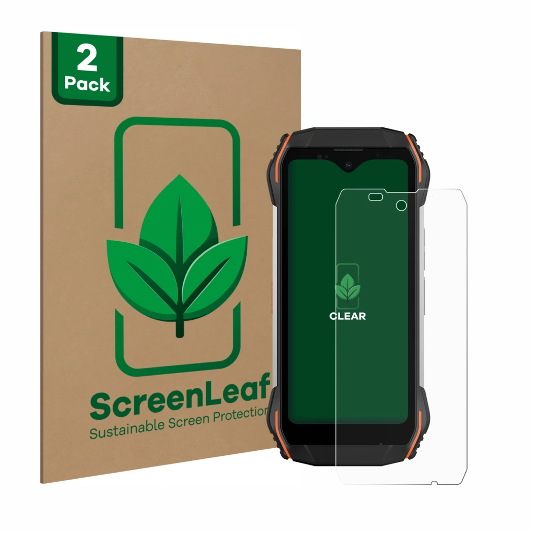 Parte frontal de un envase de producto con el logotipo de la marca ScreenLeaf. Al lado se muestra el dispositivo Blackview N60